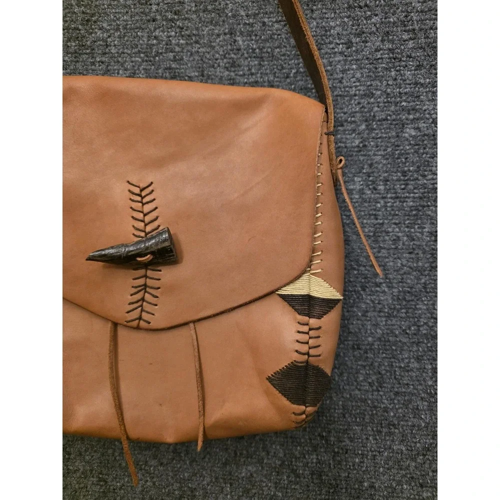 Y2K Lucky Brand Shoulder Bag  Medium Brown Leather Geometric‎ Whipstitch Rare